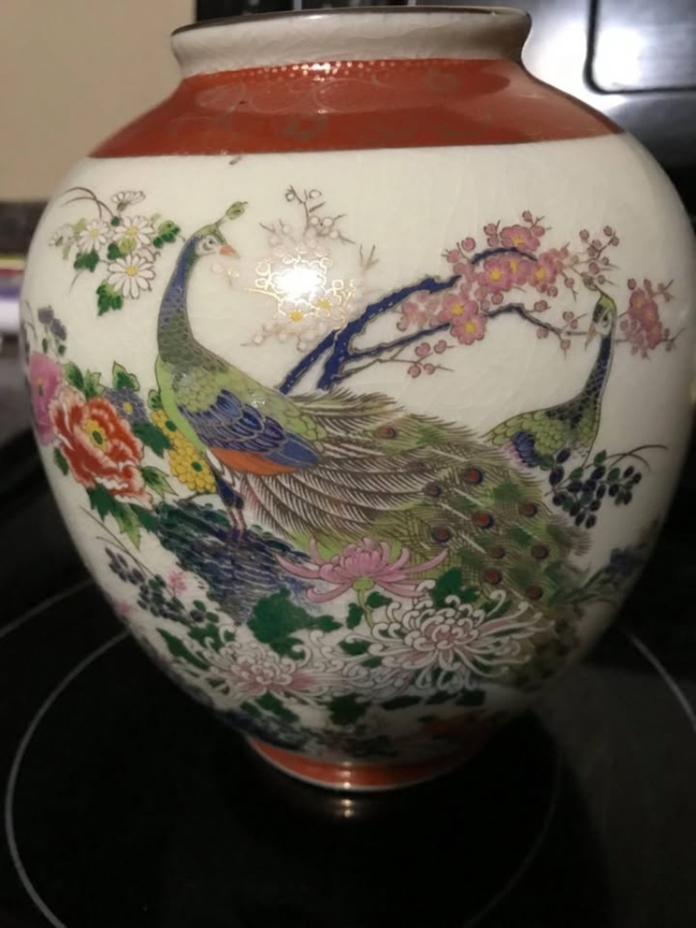 Vintage Satsuma Pair of Peacocks colorful vase has beautiful coloring and crackl